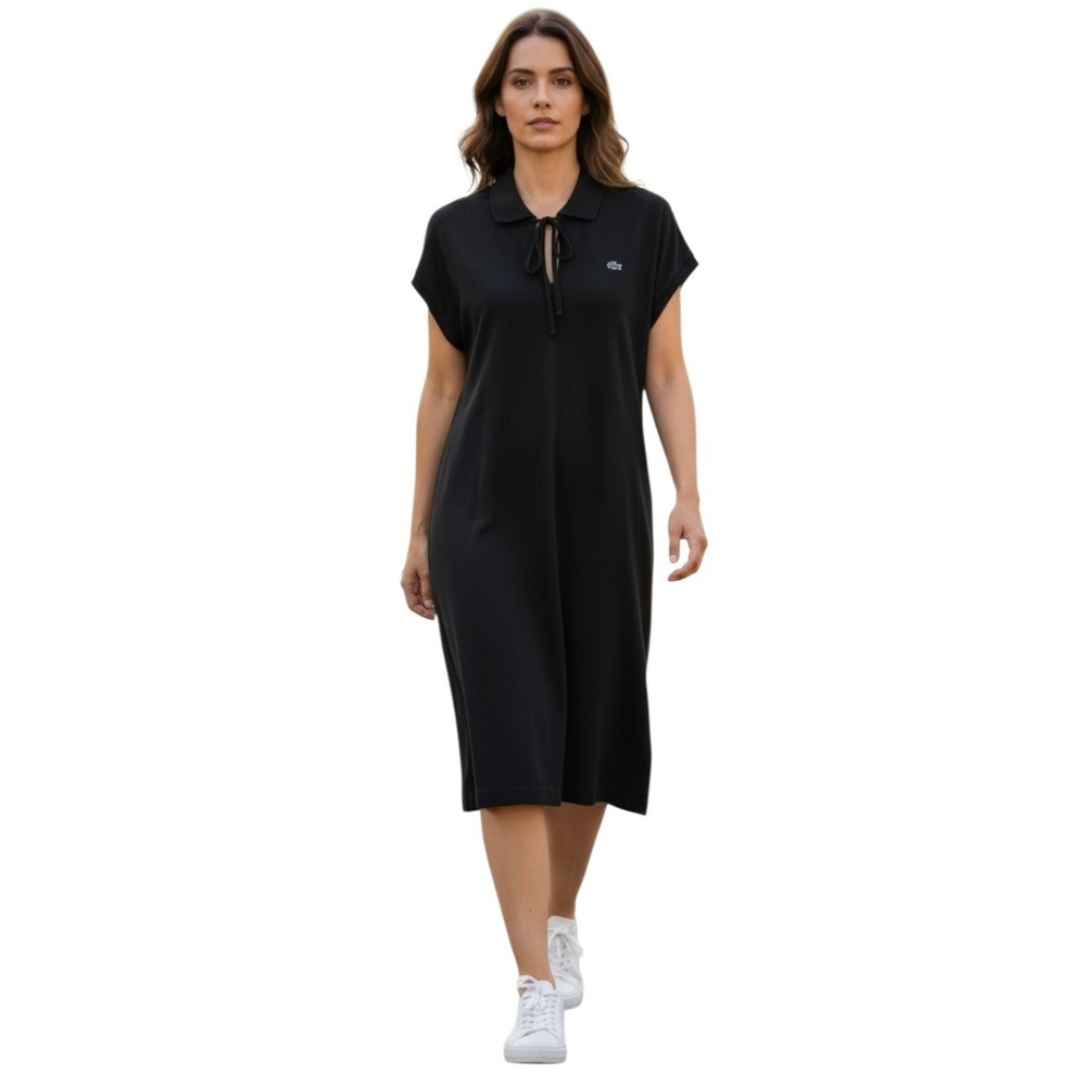 Lacoste Black Polo‎ Shift Dress W Tie At Neck Pleated Neckline & Logo 38 (M)